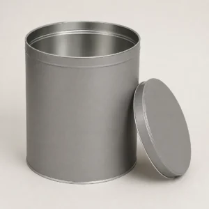 Unbranded bulk cookie tin jar on a warm gray studio background