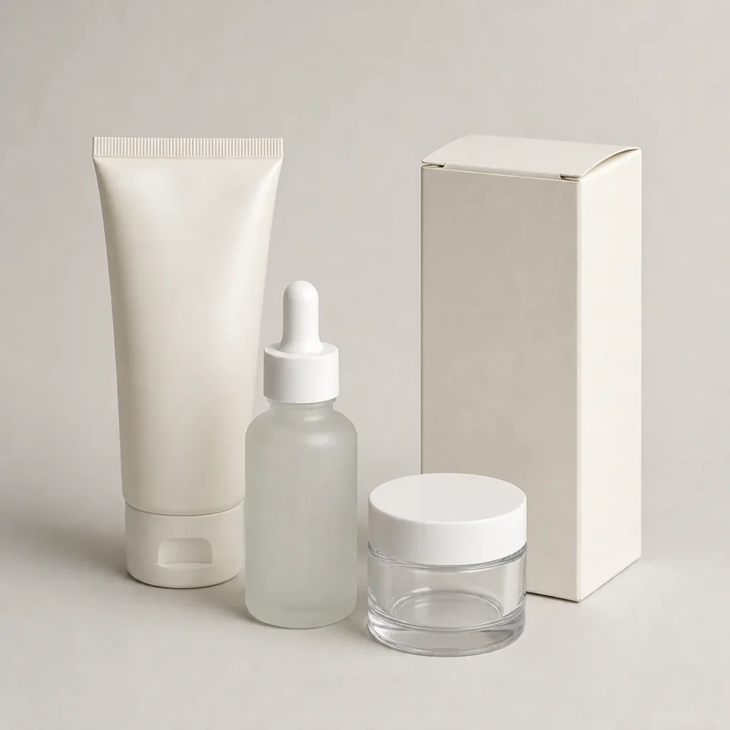 Unbranded cosmetic packaging solution on a warm gray studio background
