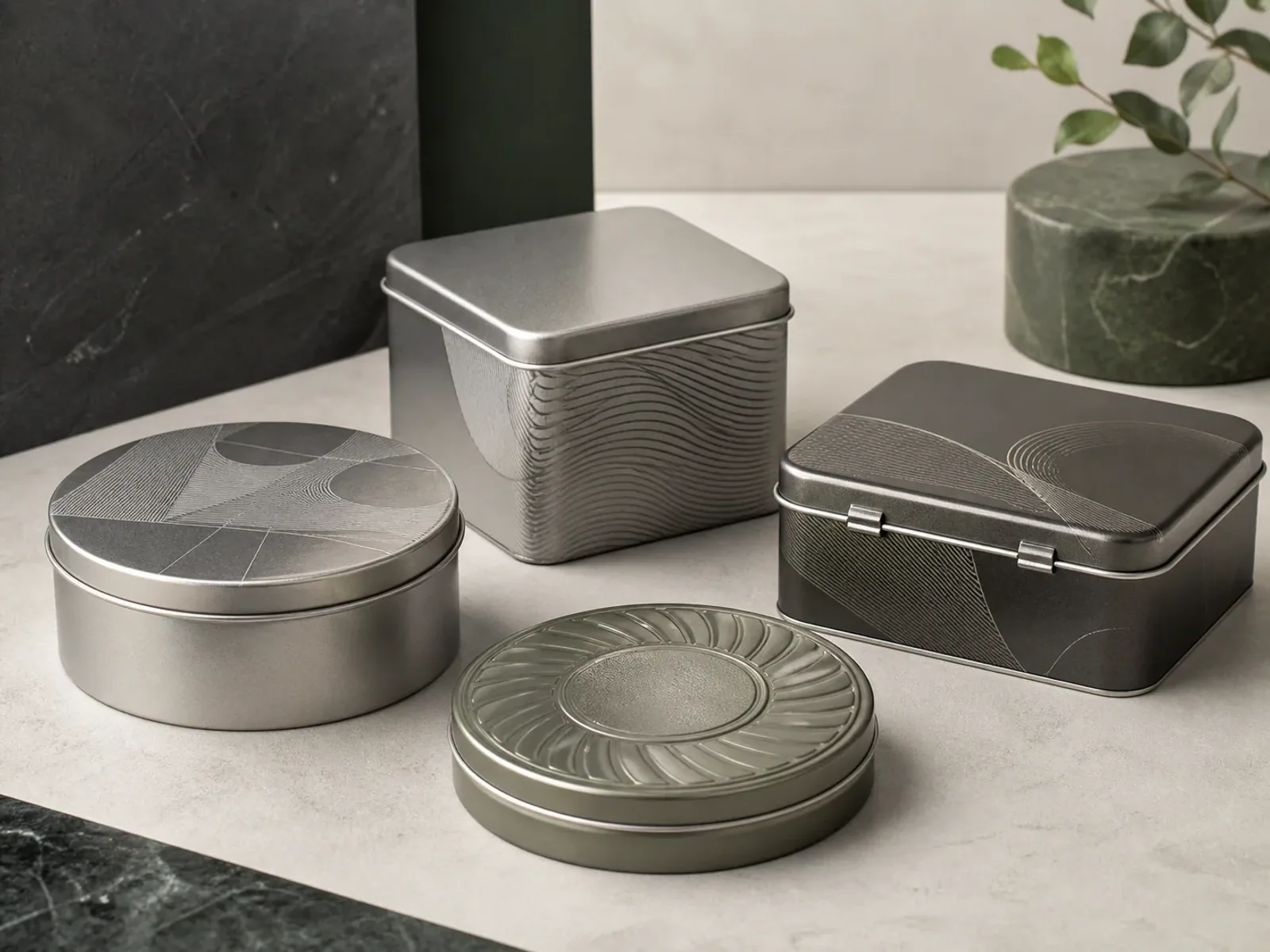Custom printed metal tin packaging in multiple shapes