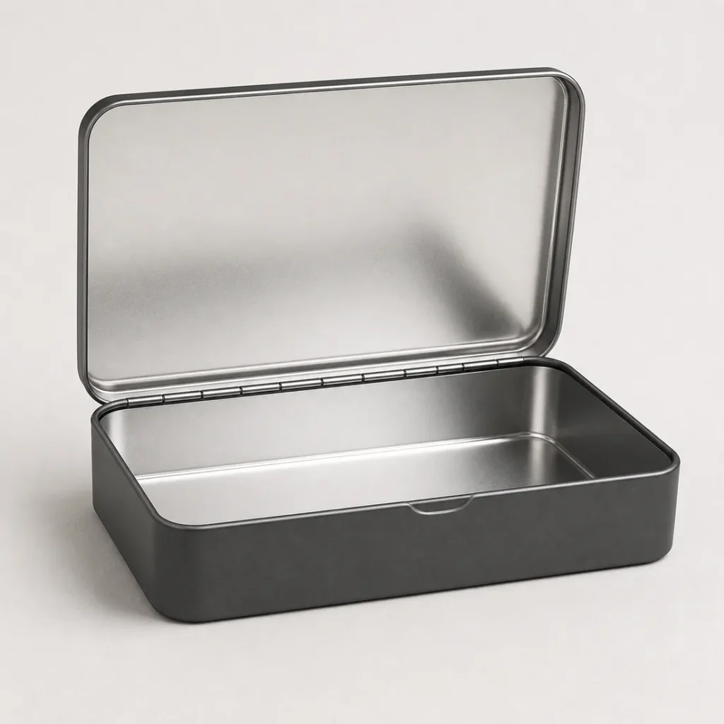 Unbranded custom rectangular tin box on a warm gray studio background