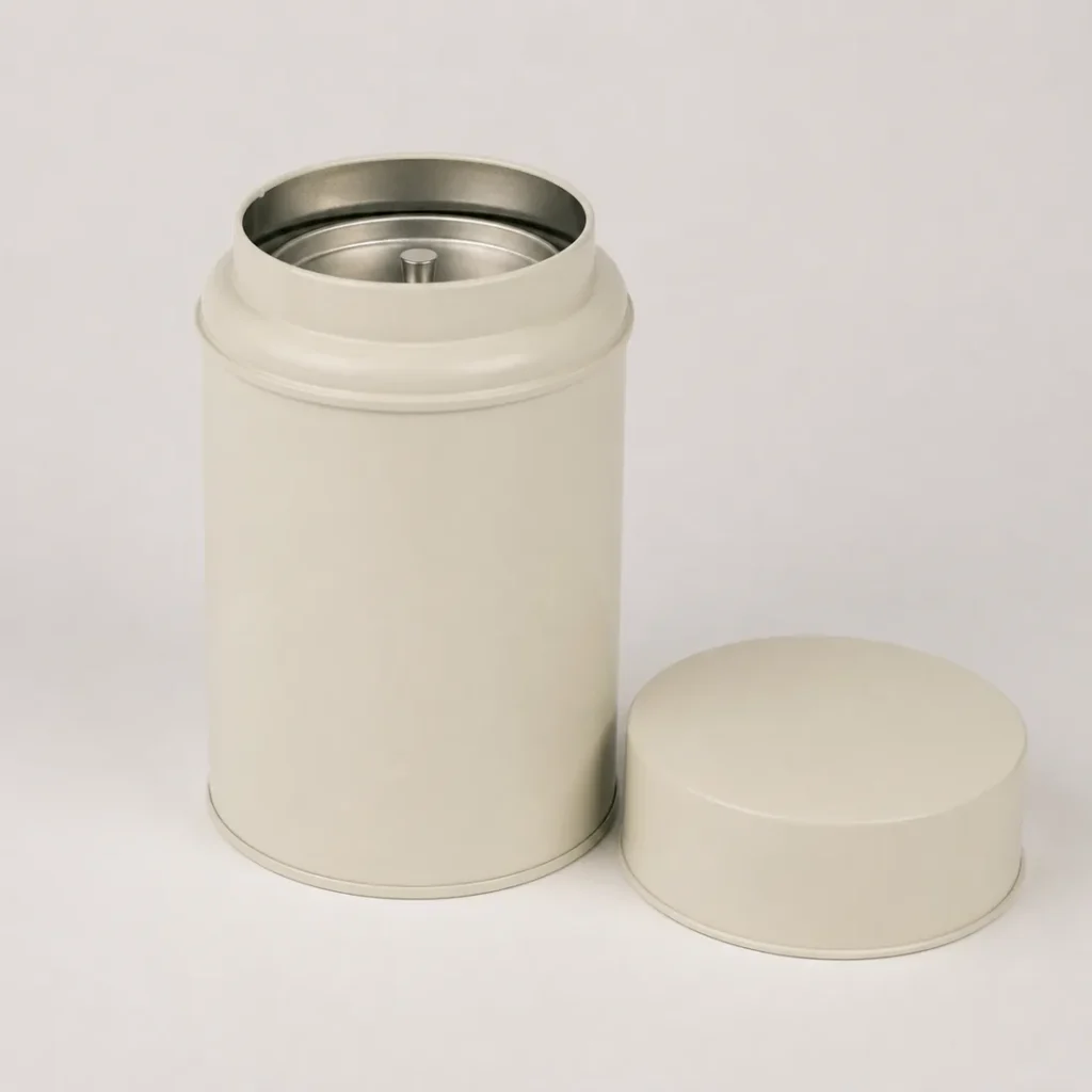 Unbranded custom tea tin canister on a warm gray studio background