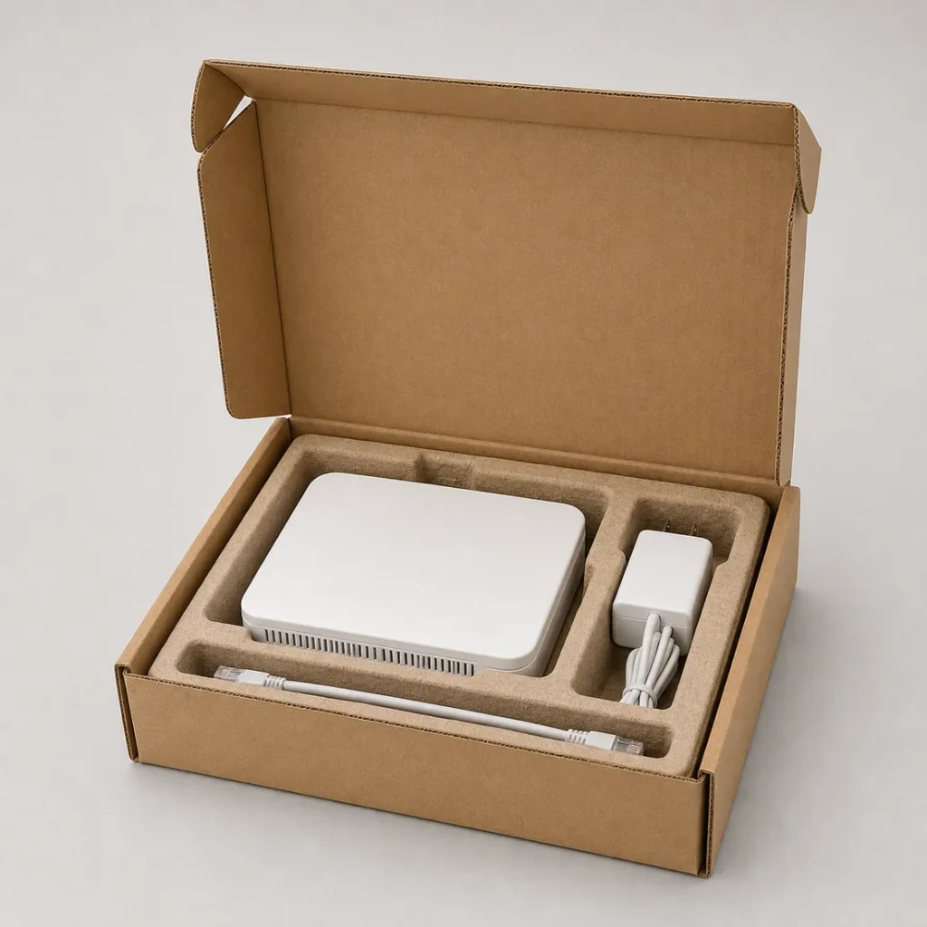 Unbranded electronics packaging solution on a warm gray studio background