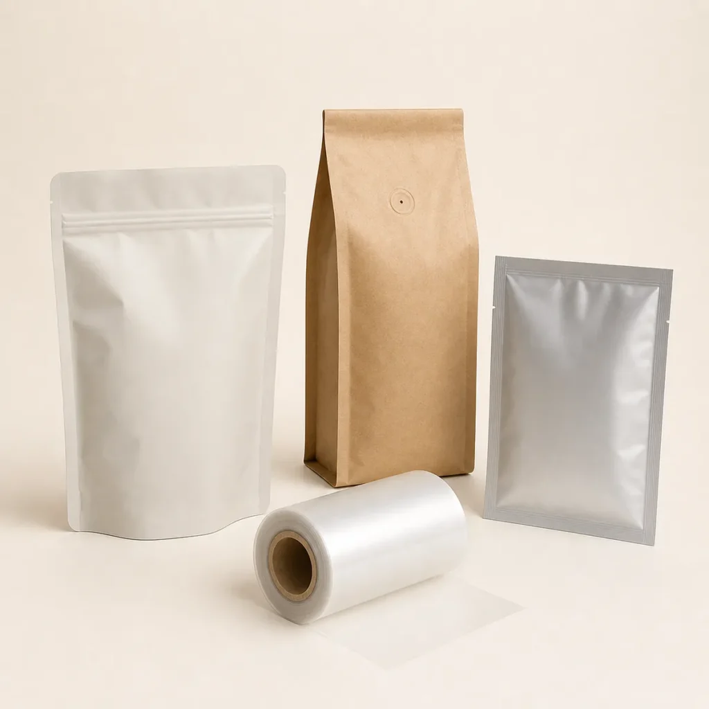 Unbranded stand-up pouch, coffee bag, sachet, and packaging film