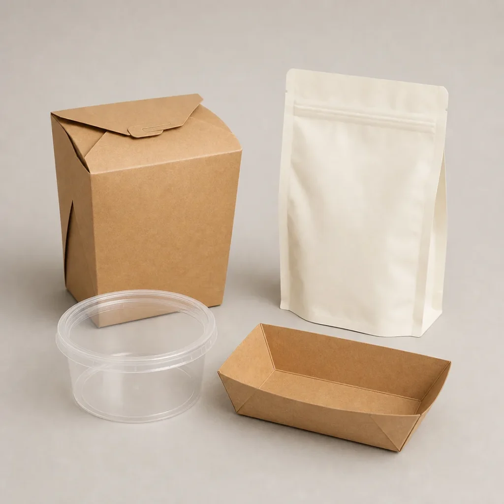 Unbranded food packaging program on a warm gray studio background