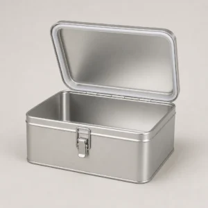 Unbranded hinged airtight rectangular tin on a warm gray studio background