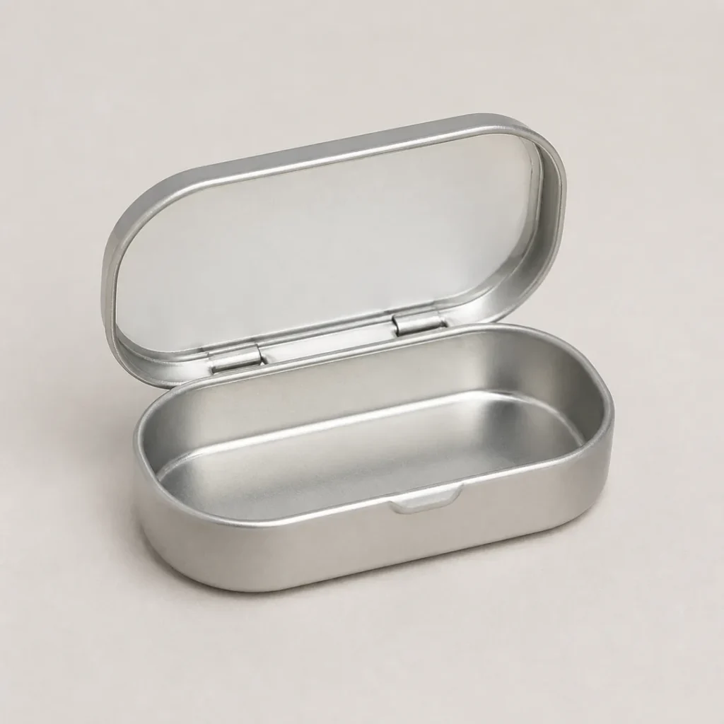 Unbranded hinged mint tin box on a warm gray studio background