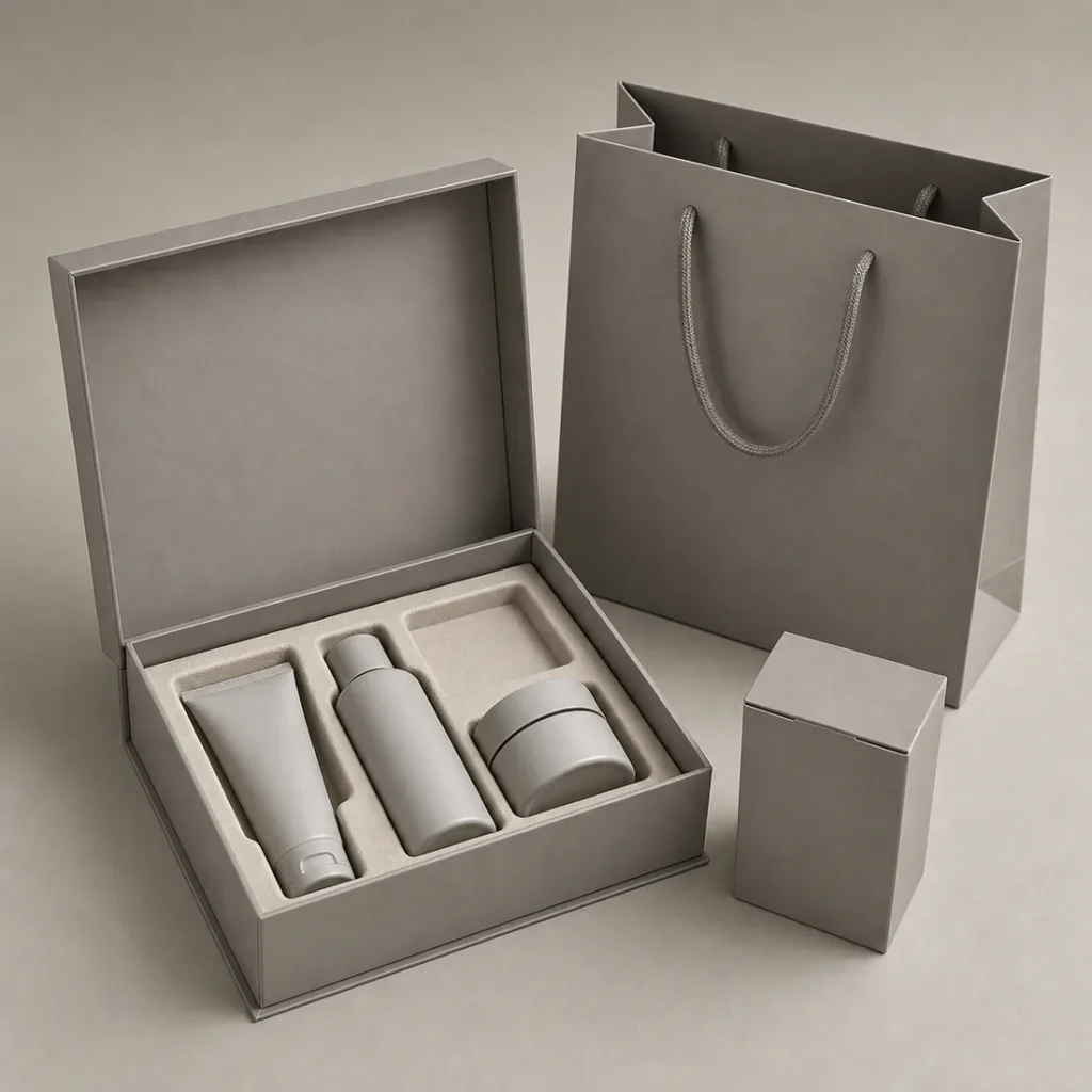 Unbranded luxury packaging set on a warm gray studio background