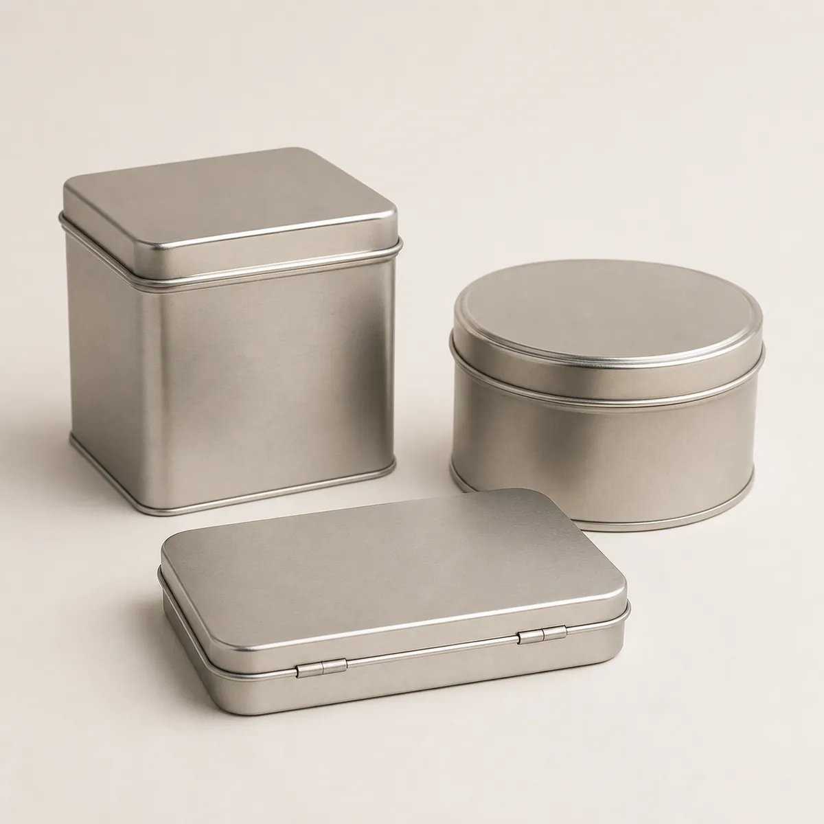 Unbranded square tea tin, round food tin, and rectangular gift tin