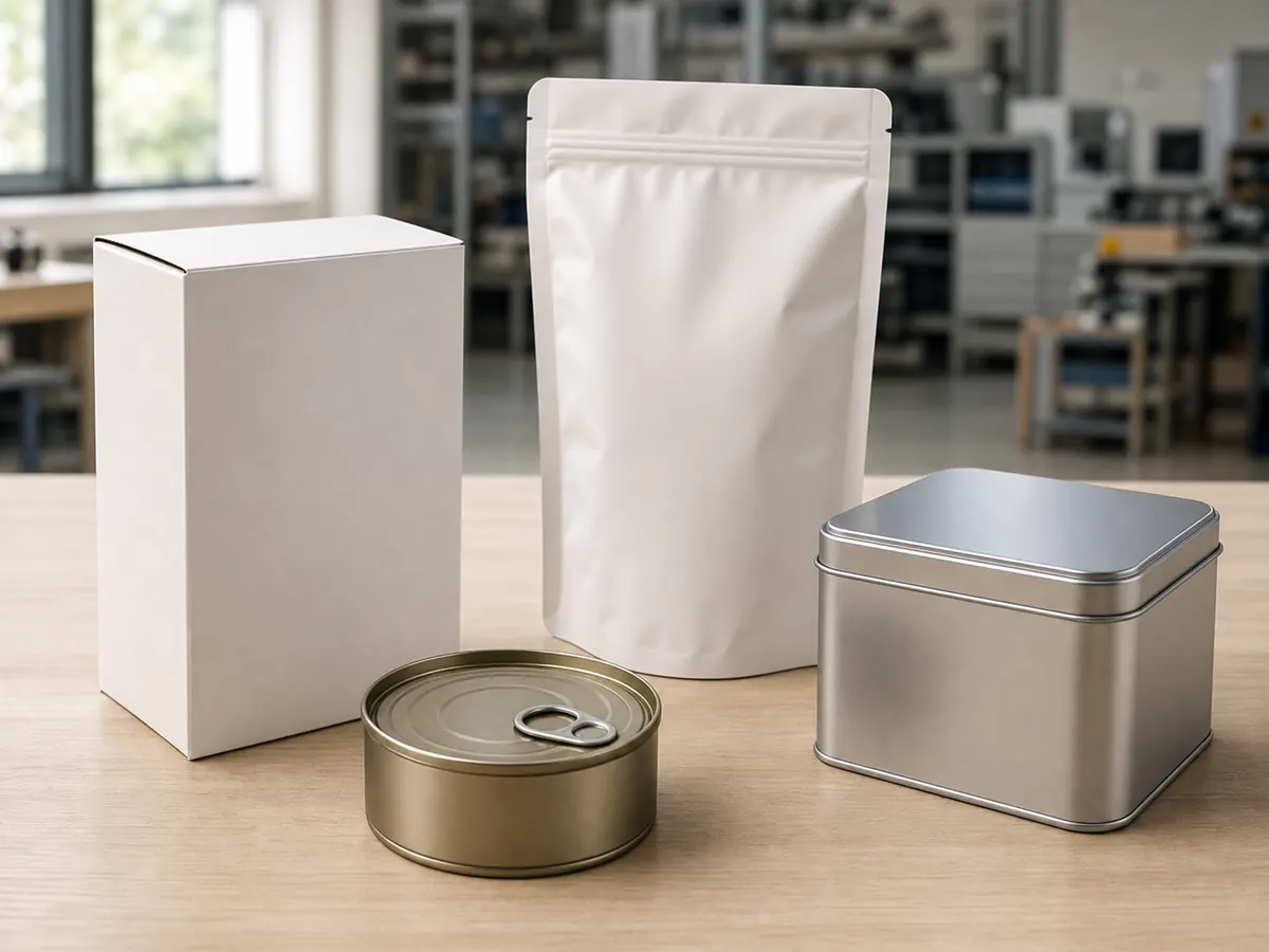 Unbranded paperboard cartons, flexible pouches, and metal tins on a clean worktable