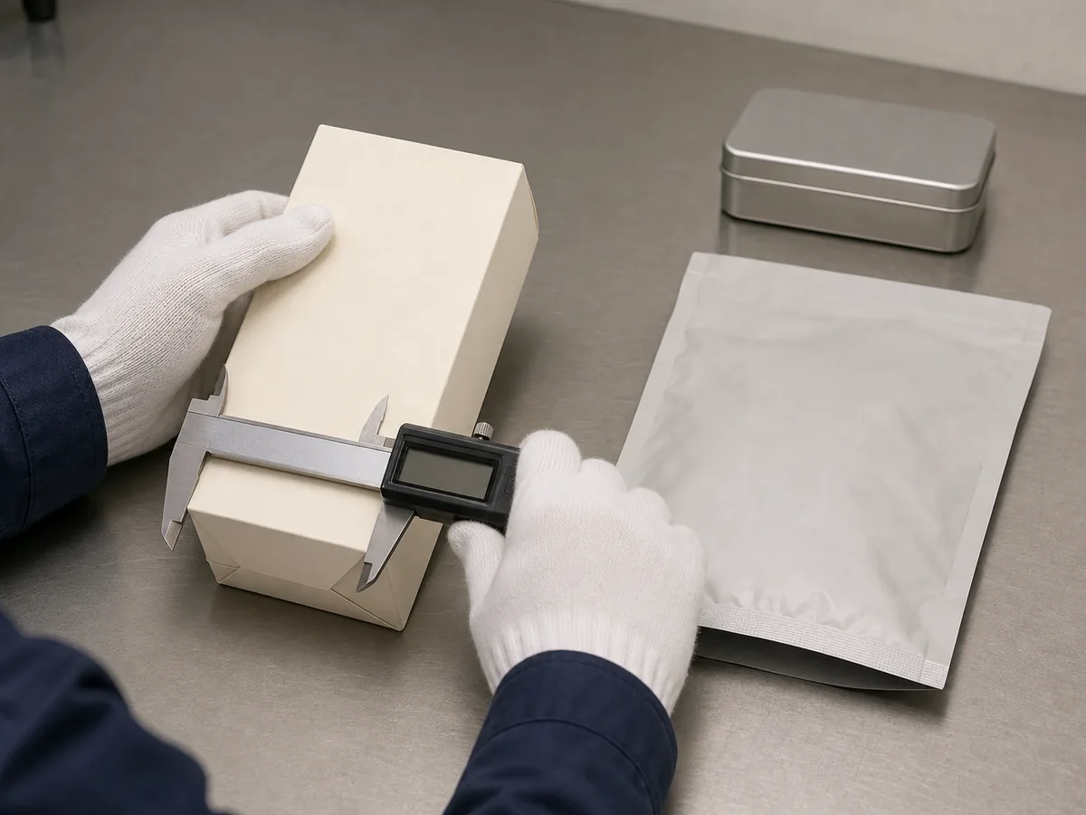 Gloved packaging inspector checking a paper carton and flexible pouch seal