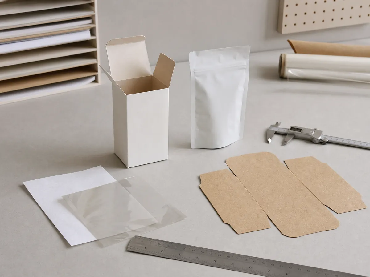 Packaging development workbench with unbranded pouch samples, carton structures, material swatches, and measuring tools