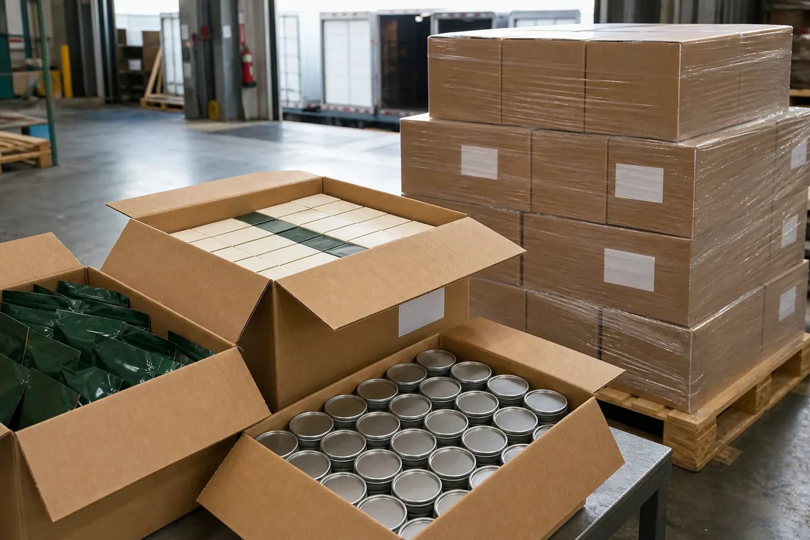 Finished packaging prepared in cartons and pallets for shipment