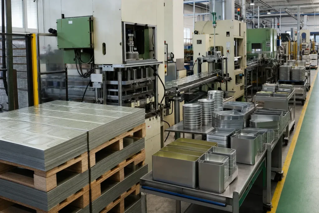 Packaging manufacturing line with forming and production equipment