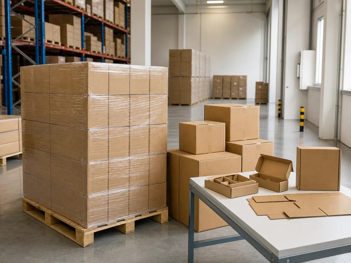 Unbranded finished packaging in export cartons beside a wrapped pallet in a clean dispatch area