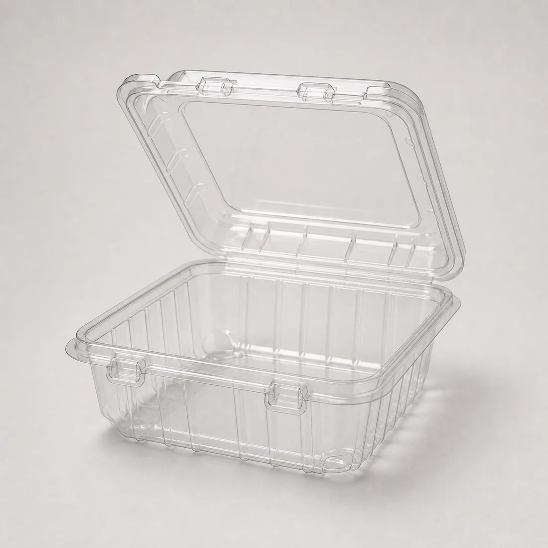 Unbranded clear PET clamshell package with hinge and locking tabs
