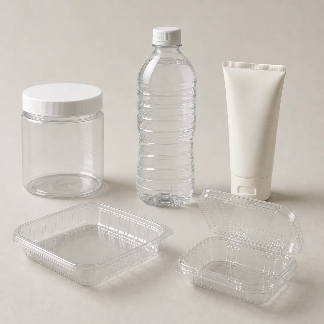 Unbranded clear PET jar, tray, bottle, cosmetic tube, and clamshell packaging