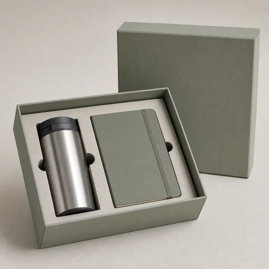 Unbranded promotional gift packaging on a warm gray studio background
