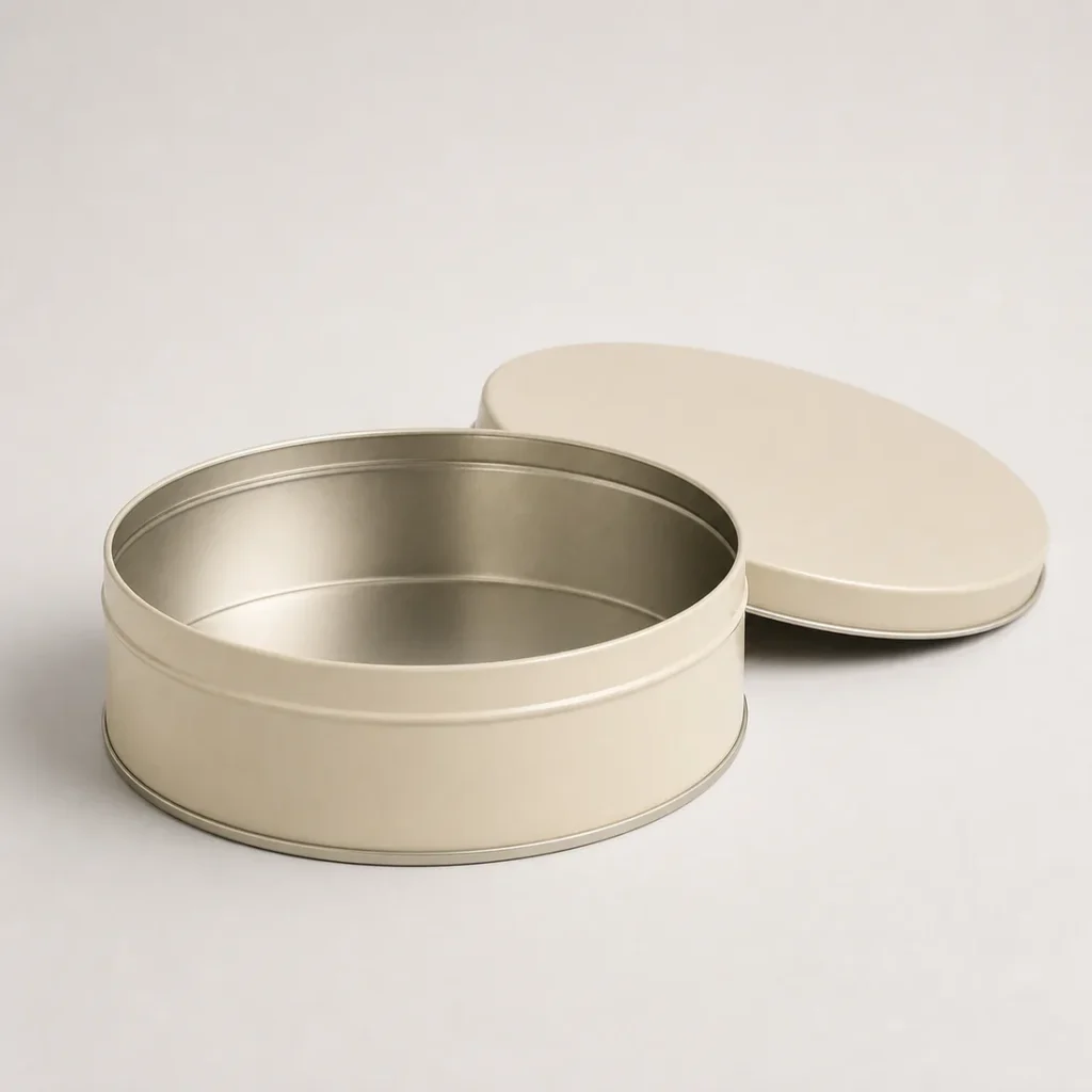 Unbranded round cookie tin container on a warm gray studio background