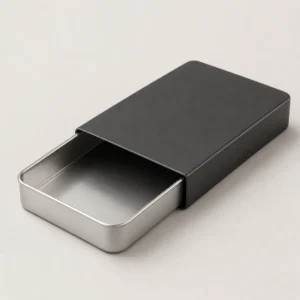Unbranded slide tin packaging on a warm gray studio background