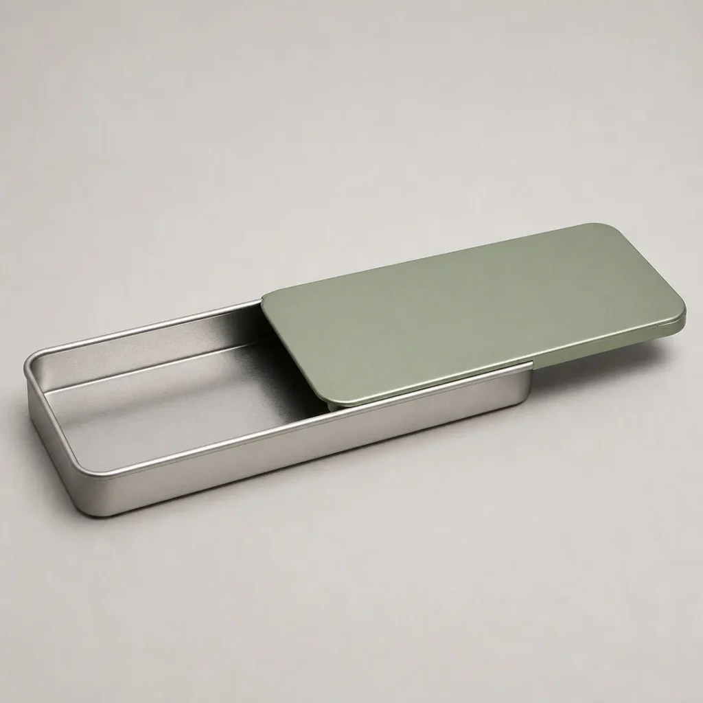 Unbranded sliding lid tin box on a warm gray studio background