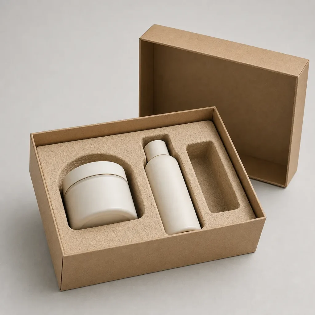 Unbranded specialty insert packaging on a warm gray studio background