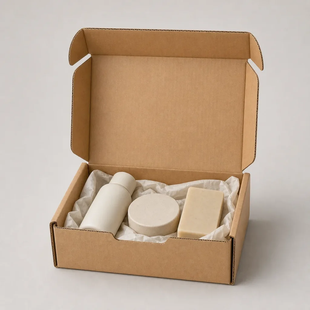 Unbranded subscription box mailer on a warm gray studio background
